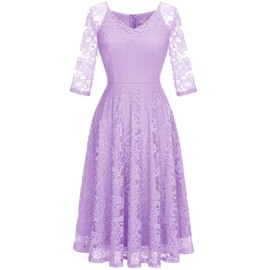 Dressystar 00058 Long-Sleeve A-Line Lace Bridesmaid Dress Midi for Wedding Formal Party Lavender XL