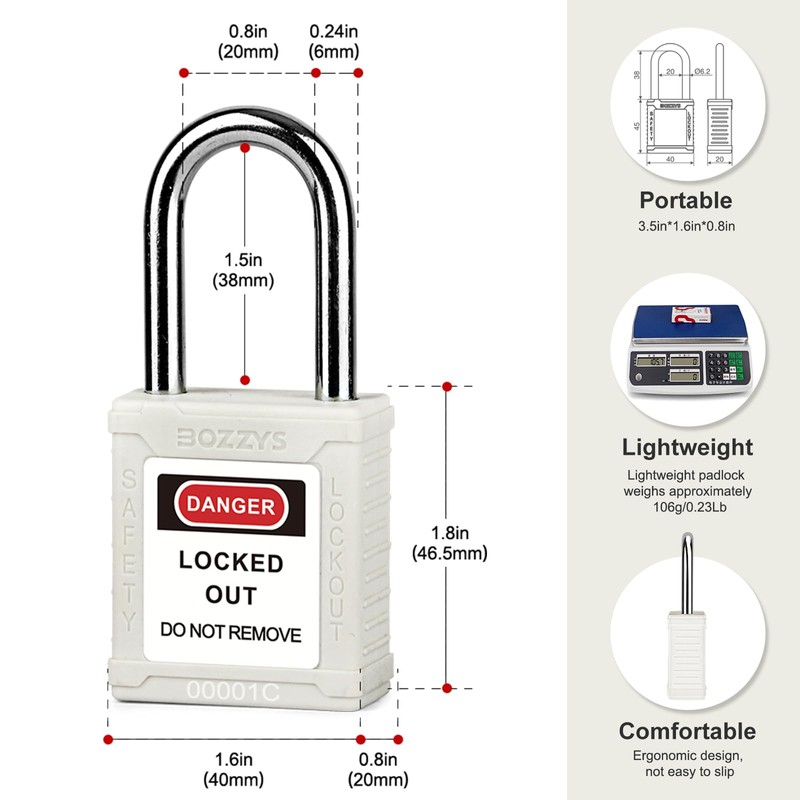 BOZZYS Lockout Tagout Locks 12-Pack｜OSHA White Loto Locks Keyed Alike｜12