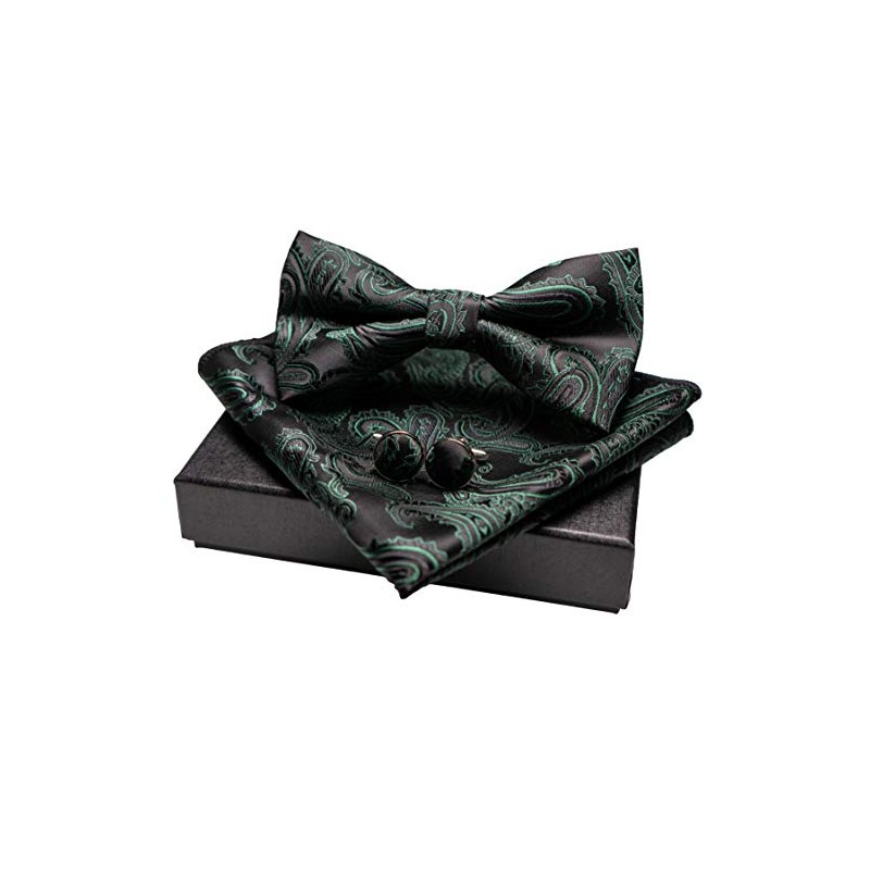 JEMYGINS Men's Paisley Pattern Bow Tie, Cuffs, Buttons, Handkerchief Set,