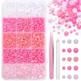 15000 Pcs Pink Flatback Pearls for Crafting, Assorted Size 3/4/ 6mm Half Pearls Bedazzling ABS Pearl Beads Gems for Nails Art DIY Crafts Face Makeup with Pickup Pencil Tweezer