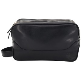 GERMANUS Black Leather Toiletry Bag, black, Toiletry bag with zips