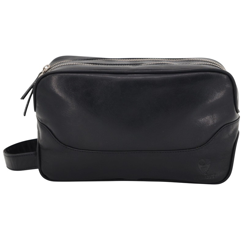 GERMANUS Black Leather Toiletry Bag, black, Toiletry bag with zips