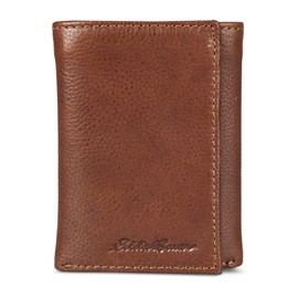Eddie Bauer Signature Logo Leather Trifold Wallet with 6 Card Slots and RFID Protection - Tan