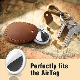 Airtag Keyring Genuine Leather with Brass Key Tags. Air tag Holder for Luggage GPS Tracker Dog Airtag Case Key Organiser. Key ring GPS Tag Secure Screw System (Brown)