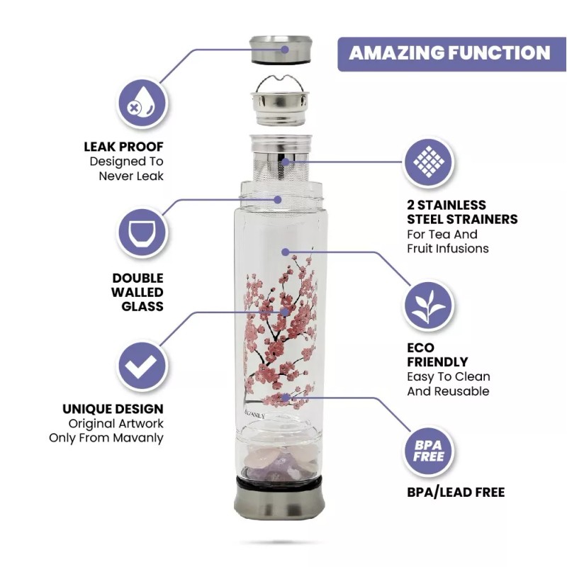 MAVANLY CHERRY BLOSSOM Double-Walled Glass Crystal Water Bottle with Crystals