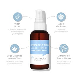 Cosmedica Skincare TONICO FACIAL HIDRATANTE. Minimiza el tamaño de los poros, minimiza, calma y desinflama la piel. Con agua de rosas y Witch hazel.