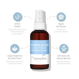 Cosmedica Skincare TONICO FACIAL HIDRATANTE. Minimiza el tamaño de los poros, minimiza, calma y desinflama la piel. Con agua de rosas y Witch hazel.