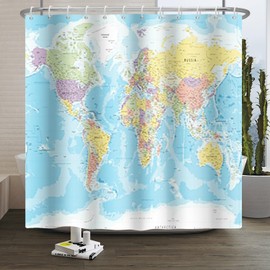 Xiaoterna World Map Shower Curtain Blue Ocean Continents Bathroom Curtain Map of The World Shower Curtain Geography Educational Shower Curtain Machine Washable Waterproof Fabric 180x180cm