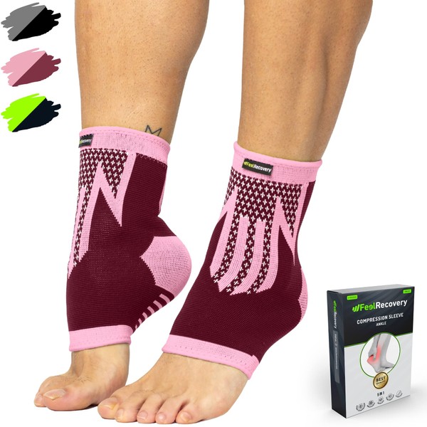 Pack of 2 Foot Bandages for Men & Women - Ankle Brace Sports for Running, Football, Jogging - Ankle Brace for Achilles Tendon, Ligament Tear, Plantar Fasciitis - Breathable & Non-Slip (M, Bordeaux)