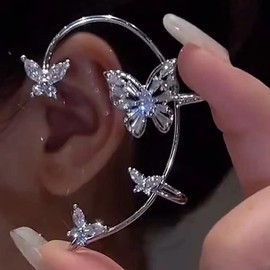 Kenjudess Vintage Crystal Butterfly Ear Cuffs 1 Pair Sparkling Rhinestone Maple Leaf Heart Non-Pierced Ear Wrap Cartilage Climber Clip on Earrings (Silver Hollow Butterfly)