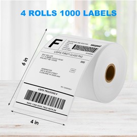 MaxGear 4" x 6" Direct Thermal Labels, 1000 Labels/4 Rolls, Shipping Package Labels, Perforated White Mailing Labels, Commercial Grade, Permanent Adhesive, Compatible with Most Thermal Printers