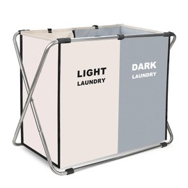 Laundry Cloth Hamper Sorter Basket Bin Foldable Washing Storage Dirty Clothes Bag for Bathroom Bedroom Home Storage basket (2-Section(White+gray))