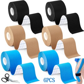 SaiXuan 6 Kinesiology Tape Rolls (5 cm x 5 m), Sports Tape, Black/Skin Colour/Light Blue, Waterproof, Breathable, High Elasticity, for Joint Protection, Knee, Shoulder and Elbow (with Scissors)