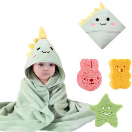 HoaaiGo Baby Bath Towels with 3 Bath Sponges, Soft Baby Bath Towel, Child Hooded Towel, Super Absorbent, Baby Washcloth Towels with Cute Ears for Newborns/Toddlers 0-3 Years (Green)