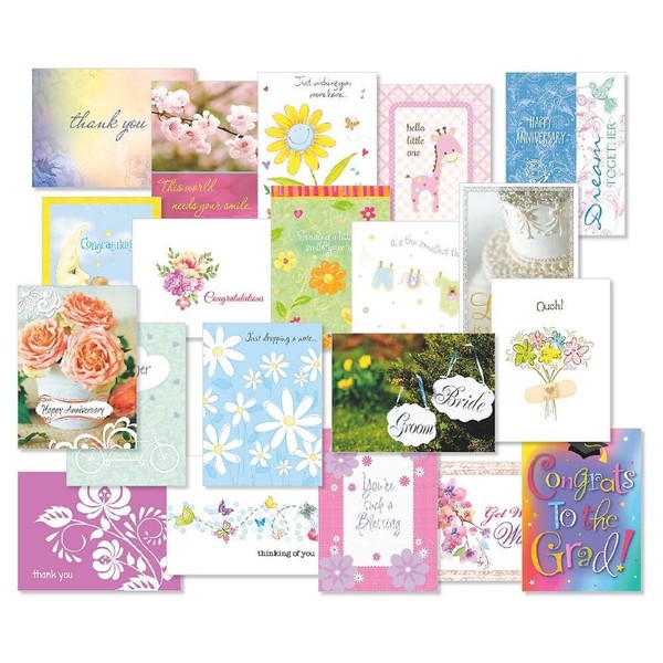Mega All Occasion Greeting Card Value Pack - Set of 40 (20 designs), Large 5" x 7", Wedding, Anniversary, Get Well Soon, Baby, and Friendship Cards with Sentiments Inside, White Envelopes