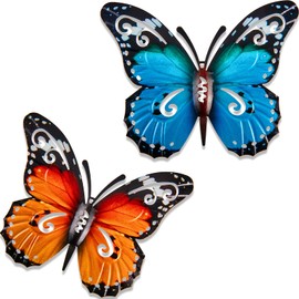 2 Pieces Outdoor Large Metal Butterfly Garden Decorations Outdoor Wall Art Metal Butterfly for Outdoor Fences Shed Walls, 27 x 22 cm (Blue and Yellow)