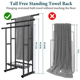 Kayfia 40" H Free Standing Towel Rack, 3 Tier Alloy Steel Stand with Basket, Blanket Drying and Display Rack for Oversized Bath Towels Bathroom Accessories, Next to Tub or Shower (Black)