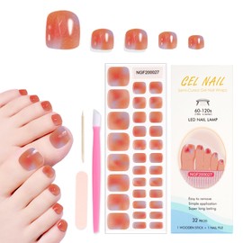 JERCLITY 1 Sheet 32pcs Sunset Glow Semi Cured Gel Toenail Strips, Toenail Wraps, Gel Pedicure Strips, Needed LED Lamp to Cured,1 Nail File,1 Wooden Cuticle Stick, 1 Plastic Press Stick