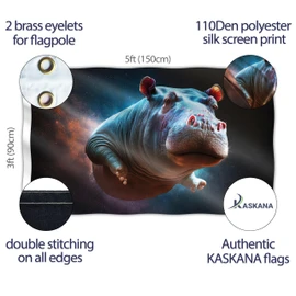 Flying Space Hippo Flag - Large Funny Flag - Double-Sided Print - 110D Polyester - Double Stitching - 2 Brass Eyelets, Large 90 x 150 cm (5 x 3 Feet)