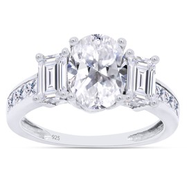 SAVEARTH DIAMONDS Three Stone Ring, Center 8X6MM Oval Cut With Baguette And Princess Cut Sparkling Cubic Zirconia Engagement Ring In 14k White Gold Over Sterling Silver Jewelry For Women-7.5