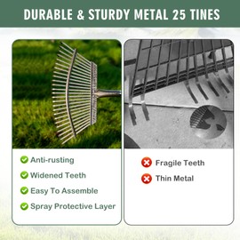 HUZSV 65" Rake,25-Tine Heavy Duty Garden Rake with Leaf Scoops & Bag - Non-Slip Fixed Handle Metal Rastrillo para Jardin for Lawn, Yard, Shrubs, Leaves, Debris