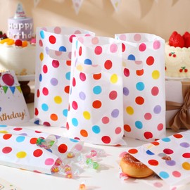 Janlaugh 100 Pcs Small Plastic Gift Bags Bulk with Handle 9.84''x 6.5'' Party Favor Goodie Bags with Pastel Watercolor Rainbow Polka Dot for Birthday Party Favor Easter Holiday Candy Treat