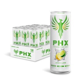 PHX Hydration Energy Drink, Lemon Lime - 700mg Electrolytes, 200mg Natural Green Tea Caffeine, 100% Daily Value 8 Essential Vitamins - 12 oz Cans (12 Pack)