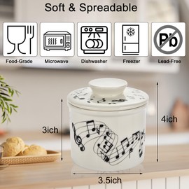 Music Design Butter Crock - French Style Ceramic Butter Keeper and Butter Dish with Lid, Black and White Butter Holder for Countertop Storage, Airtight Container for Soft, Spreadable Butter