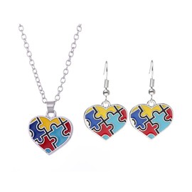 Caiyao Autism Earrings Necklace Set Autism Awareness Puzzle Piece Heart Shape Earrings Necklace Alloy Enamel Jewelry-Heart Shape