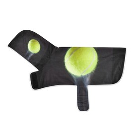 Kjovgcb Soft Pet Towel Coat for Dogs Cats, Absorbent Bathrobe Quick-Dry Bath Robe with Hood Adjustable Collar & Belly Strap, S Print Tennis Ball Fast Moving on Black Leaving Trail Behind