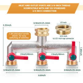 iBamso Brass Garden Hose Splitter, 3/4 Inch 3 Way Garden Hose Tap Splitter High Flow Outlet with Individual Valve and Extended Handle, Pipe Tap Splitter for Home Garden Kitchen Outdoor Faucet