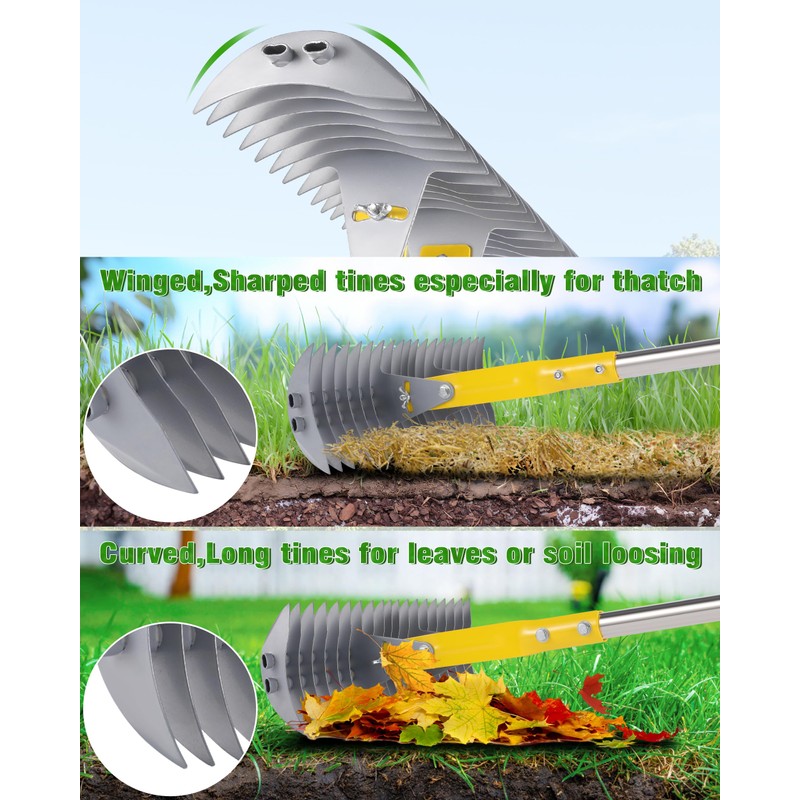 Thatch Rake,Dual-Sided Lawn Dethatcher with Stainless Steel Tines Efficient Thatching