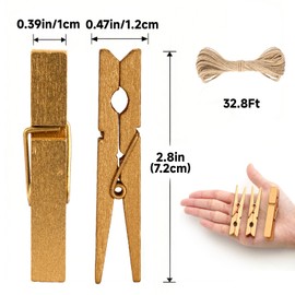 jijAcraft Mollette in legno color ottone, 7 cm: grandi mollette in legno per foto, 50 mollette per foto fai da te, mollette in legno con 10 m di corda di iuta per tele fotografiche vintage