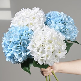 BLEUM CADE 8 Pcs Hydrangea Artificial Flowers with Realistic Stems, 18In Large Fake Flowers, Faux Flower for Home Party Decor Outdoor Wedding Bouquets Table Centerpieces Decoration,White Blue