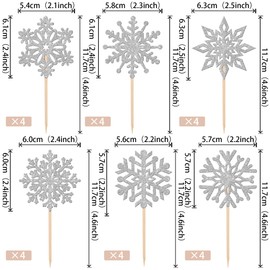 24 piezas de adornos de copos de nieve con purpurina para cupcakes con temática de copo de nieve congelado para invierno, el país de las maravillas, baby shower, niños, cumpleaños, fiesta de Navidad, decoración de pasteles, suministros de plata