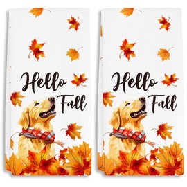 RZQIJ Golden Retriever Leaves Hello Fall Kitchen Towels Dish Towels Dishcloth, Fall Thanksgiving Dog Decor for Kitchen Bathroom Home, 16 x 24 Farmhouse Decoration Hand Towels Set of 2. (026)