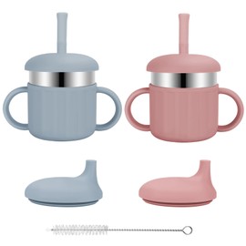 EsOfficce Baby Sippy Cups, 7.4 Oz Sippy Cups, 3 Stages Training Cup, Straw Cup for Infants Toddlers 6-12 Month and Kids 1-3 Year, Stainless Steel Kid Cups with Silicone Straws (Coral + Blue)