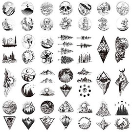 30 hojas de tatuaje temporal del espacio de la montaña negra, tatuaje de manos para hombres y mujeres, diseño de estrella del bosque, diseño de luna, arte corporal en brazo, cuello, hombro, clavícula impermeable
