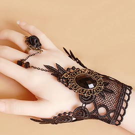 TseenYi Lace Ring Bracelet Crystal Black Ring Hand Chains Lace Slave Bracelets Hand Harness Fashion Bracelet Jewelry for Women and Girls Gifts