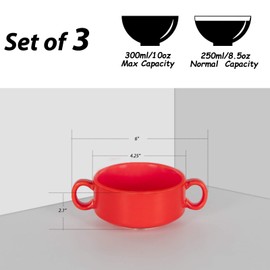 AQUIVER 10 Ounces Ceramic Bowls - Porcelain Small French Onion Soup Bowl With Double Handles – Small Soup Bowls for Ice Cream, Dessert, Souffle, Yogurt - Set of 3 (Red)