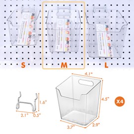 Clear Pegboard Cups with Hooks 4 Pack, 1/8" & 1/4" Peg Board Orangizer Accessories Aesthetic Decoration for Garage Workbench Craft Room Office Playroom Organization (Medium)