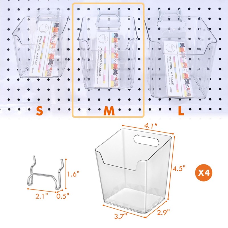 Clear Pegboard Cups with Hooks 4 Pack, 1/8" & 1/4"
