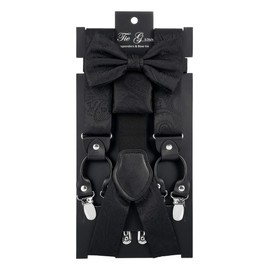 Corbata G, tirantes y pajarita, bolsillo cuadrado/juego de 3 piezas, 3,5 cm de ancho de banda, 6 clips, 3 bucles de piel, longitud ajustable, Una cachemira negra., Large