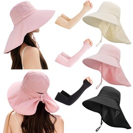 OYANIA 6 PCS Sombrero de Sol para Mujer Traje con Manguitos Solares,Protección UV UPF 50+,Verano para Mujer Sombreros,Sombrero de Playa para Mujer,Sombrero de Verano con ala Ancha y Cordón Antitanque