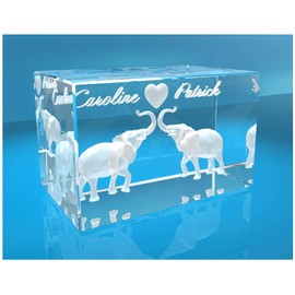 ELUNO 3D Glass Cuboid | Elephants in Love with Heart in 3D and Two Names of Choice | Gift for Your Partner | Valentine's Day Anniversary Wedding