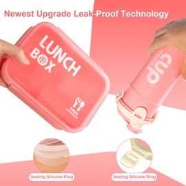 2 Pack Set - Leakproof Large Bento Box（34oz）and Water Bottle（28oz）for Adults/Kids, Bento Lunch Boxes with 5 Compartments and Utensils, BPA-Free, Microwave/Dishwasher Safe Lunch Containers