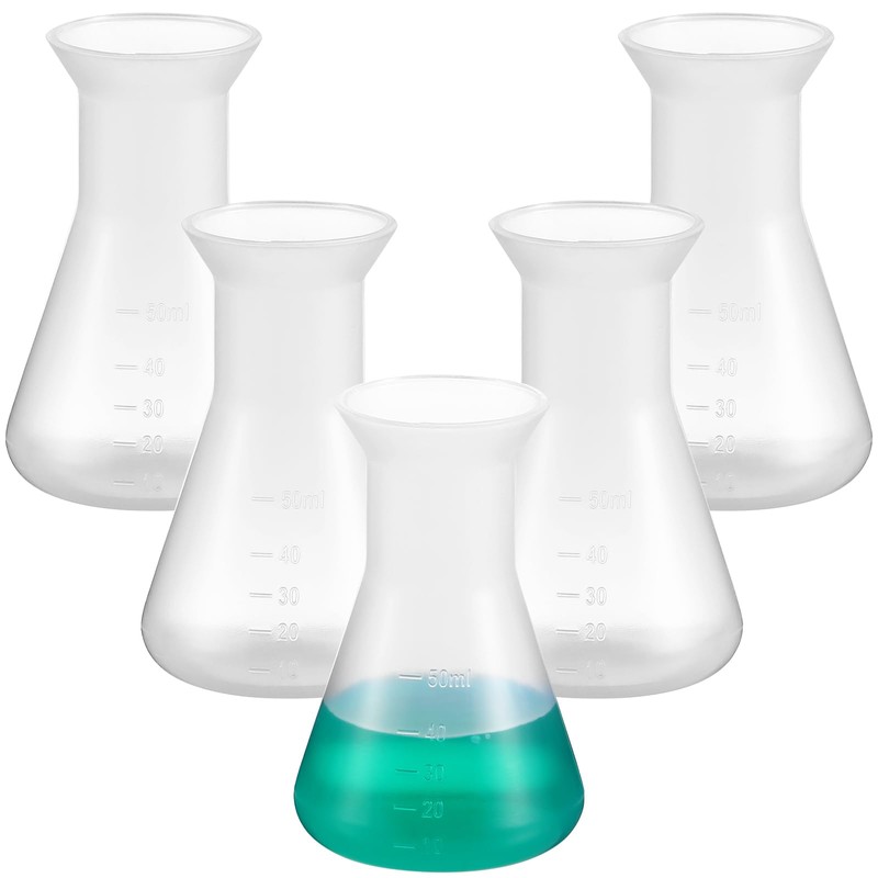 iplusmile 5 Pcs Plastic Flask with Graduations, 50ml Transparent Erlenmeyer