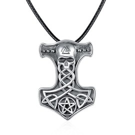 KINGWHYTE Christian Necklace with Leather Rope Chain Mjolnir/Skull/Eagle/Saint Michael Necklace, Men's Nordic Viking Amulet Pendant, Sterling Silver