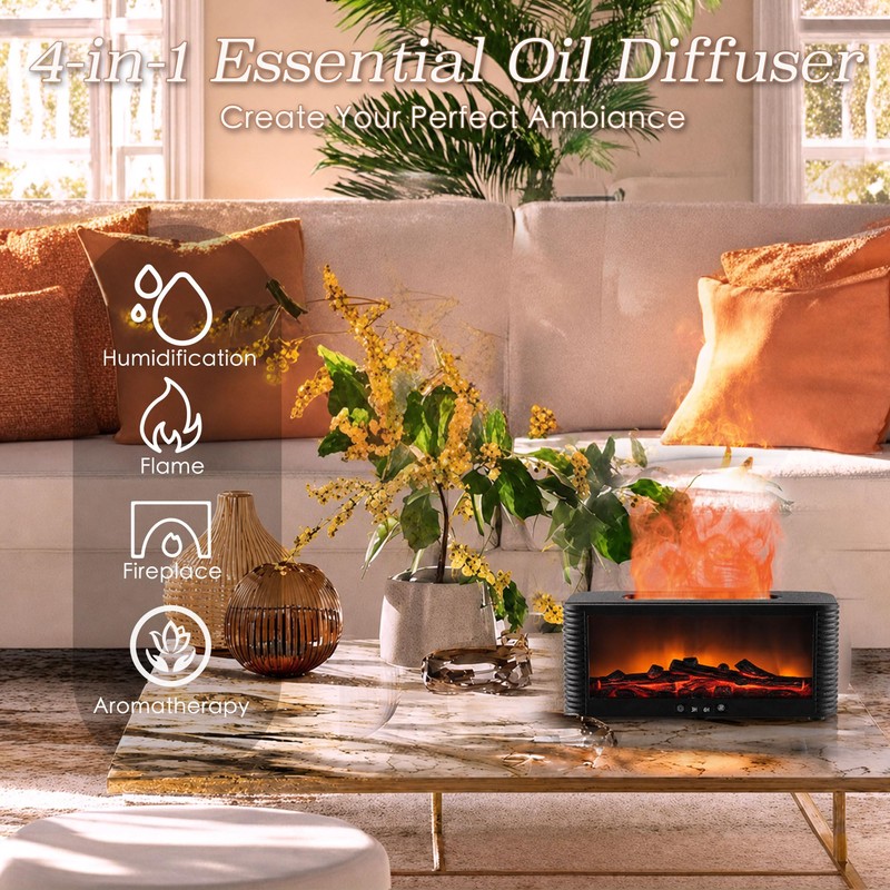 Fireplace Essential Oil Diffuser, 9 Flame Colors, 250ML Cool Mist