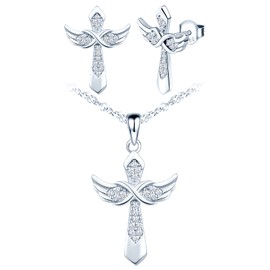 Yumilok Cross Chain 925 Sterling Silver Religious Cross Pendant Necklace Infinity Wings Silver Chain Women's Earrings Stud Earrings Set for Women, Zirconia, Cubic Zirconia